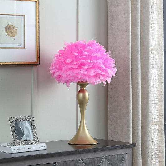 Glam Table Lamp, Satin Gold Contour Candlestick, 23.5in Tall, Feather Shade 15.5in, 40W E26, Hot Pink