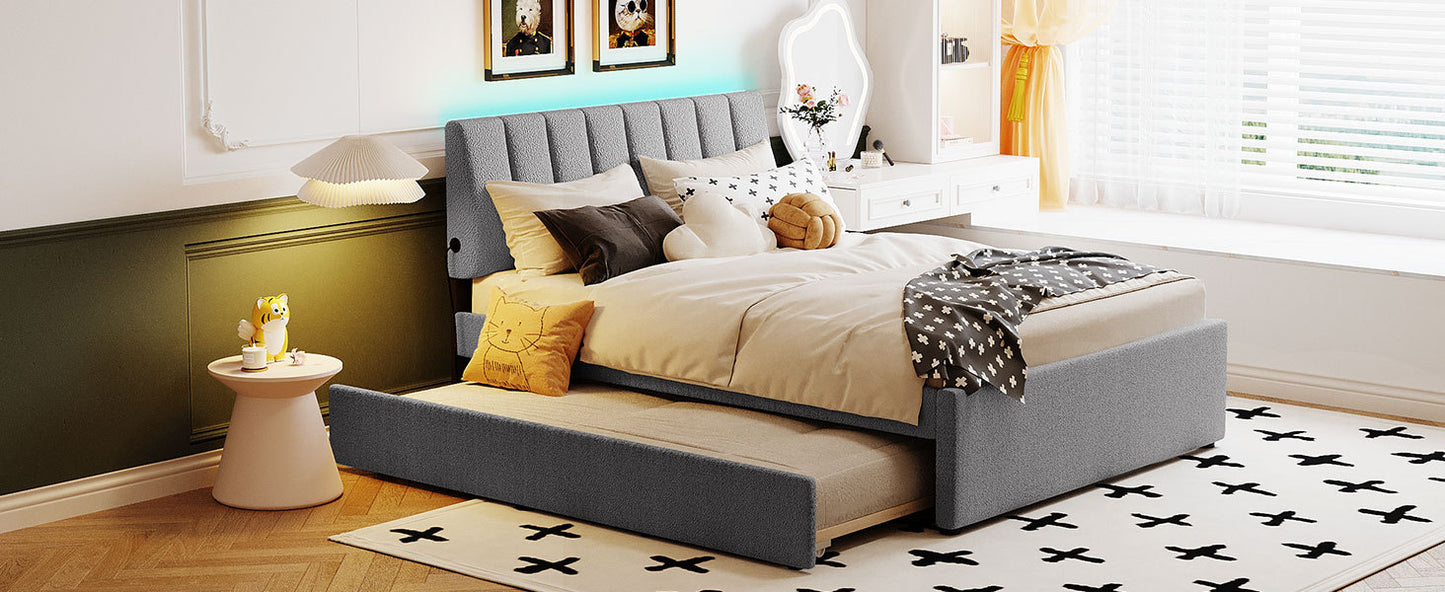 Luxurious Gray Upholstered Full Size Platform Bed with Twin Trundle and LED Lights