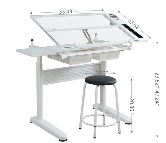Adjustable Hand Crank Drafting Table with Stool and Dual Metal Drawers (White)