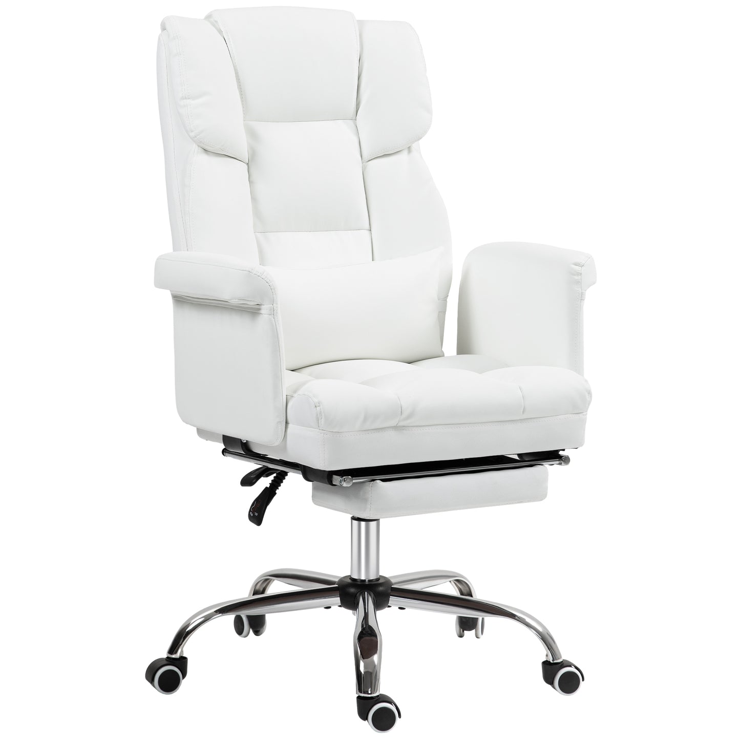 Luxurious White PU Leather Ergonomic Office Chair with Reclining Function, Footrest, and Lumbar Support