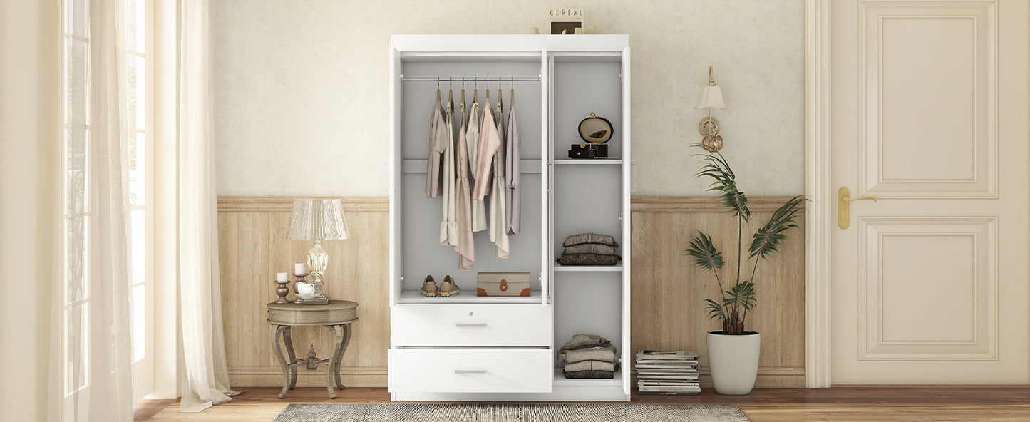 3-Door Mirror Wardrobe with shelves, White