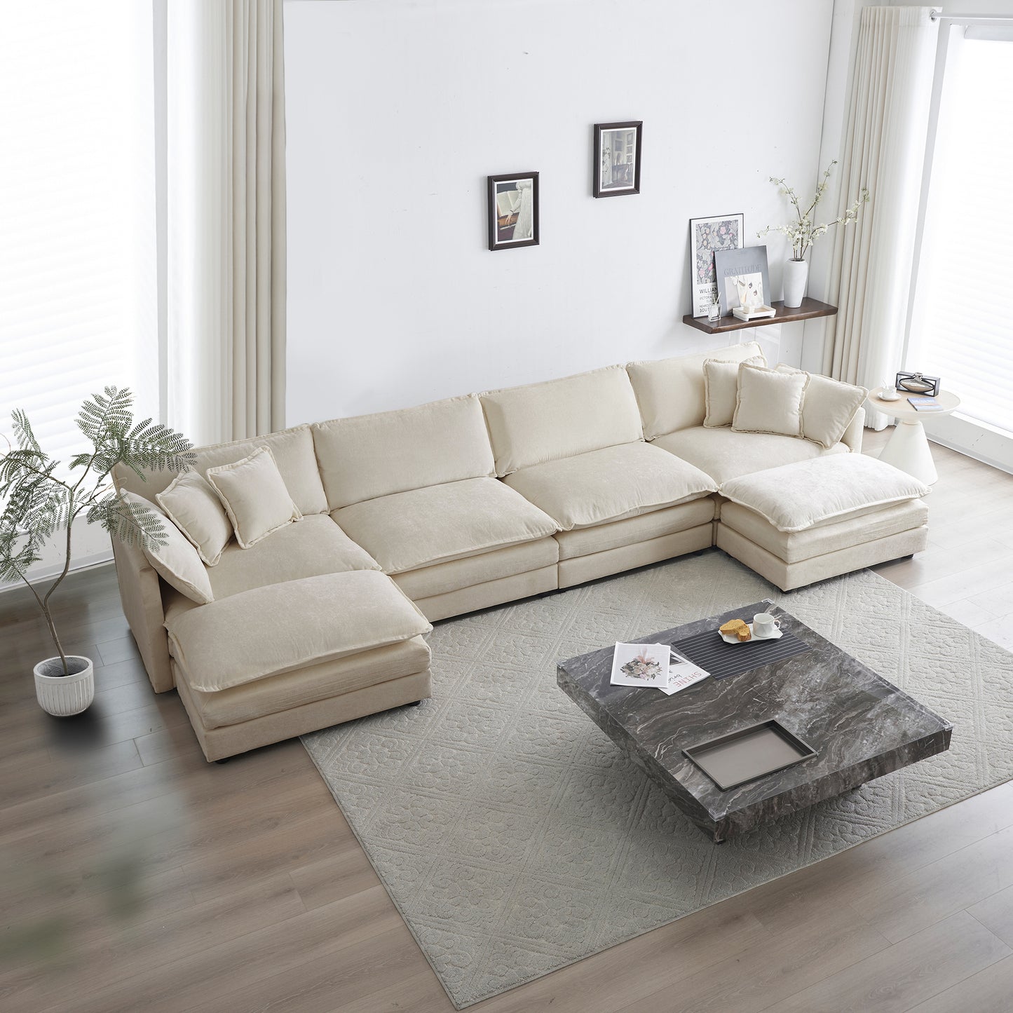 Modular U-Shape Sectional Sofa with Reversible Chaise and 2 Ottomans, Chenille Beige