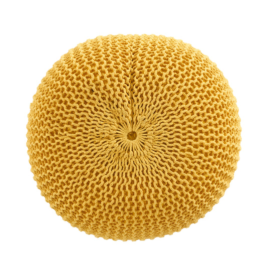 Round Knitted Cotton Pouf Ottoman, 20x20x12in Bead-Filled Floor Cushion for Seating 200 lb Capacity Yellow