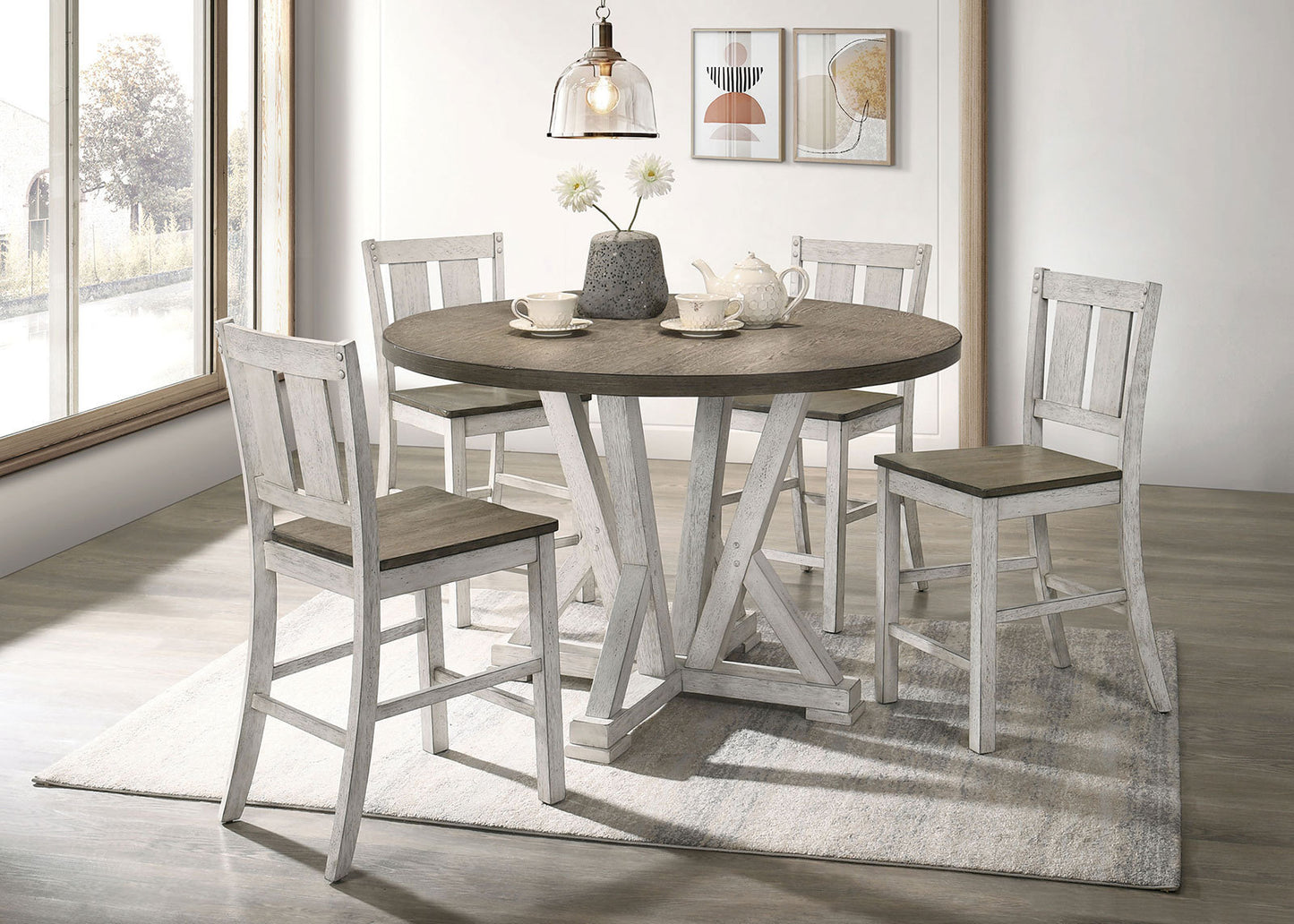 Counter Height Dining Table Rustic Style Round Antique White