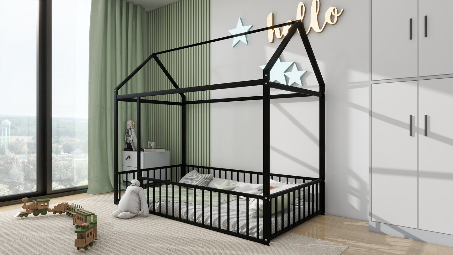 Twin Size Black Metal House Bed Frame with Playful Roof and Fence for Kids and Teens
