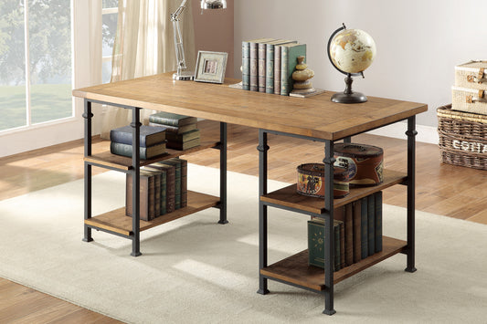 Rustic Industrial Writing Desk with 4 Open Shelves - Solid Wood and Metal Modern Office Table