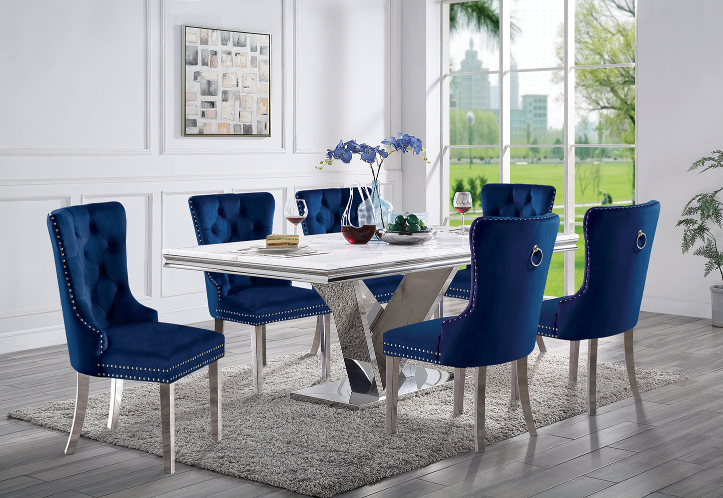 2-Piece Wingback Dining Chairs, Button-Tufted Upholstery, Solid Wood Frame, Chrome Legs - Blue