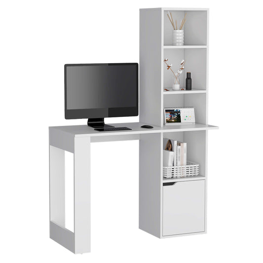 White Writing Desk with Integrated Bookcase and Storage Cabinet