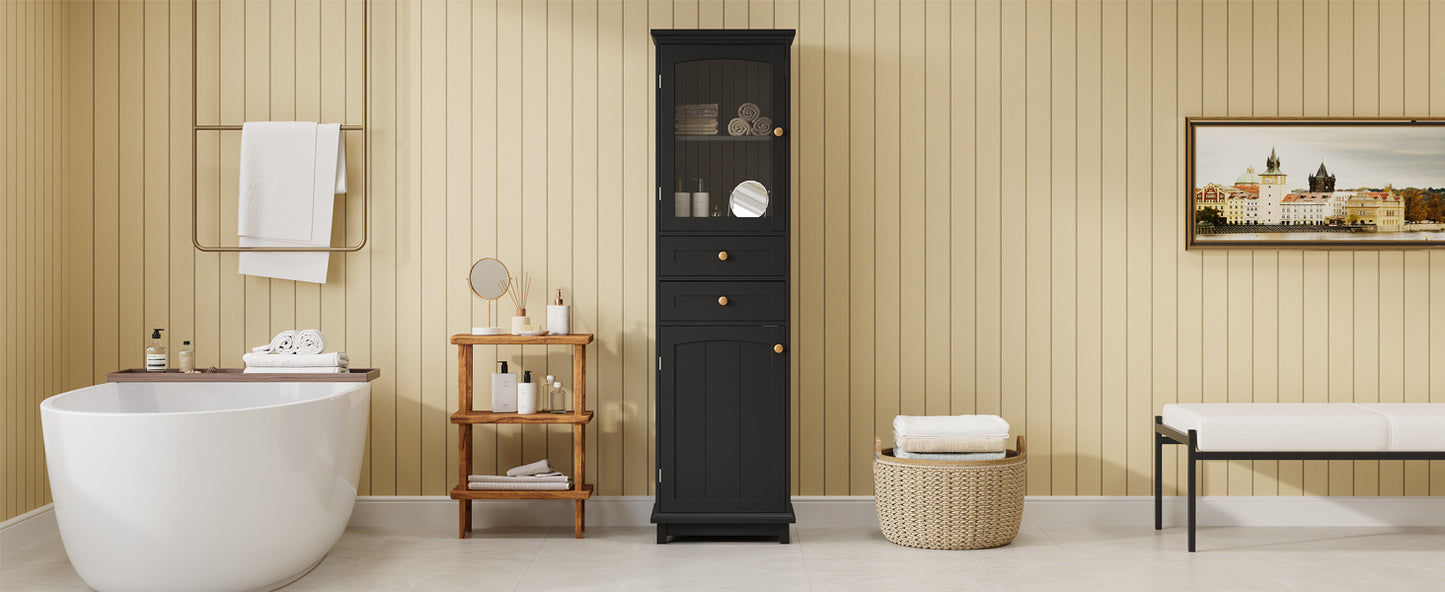 63" Tall Bathroom Storage Cabinet with Glass Doors, Free-Standing, Two Drawers, and Adjustable Shelves, MDF Board, Painted Black - Perfect for Displaying Your Favorite Items