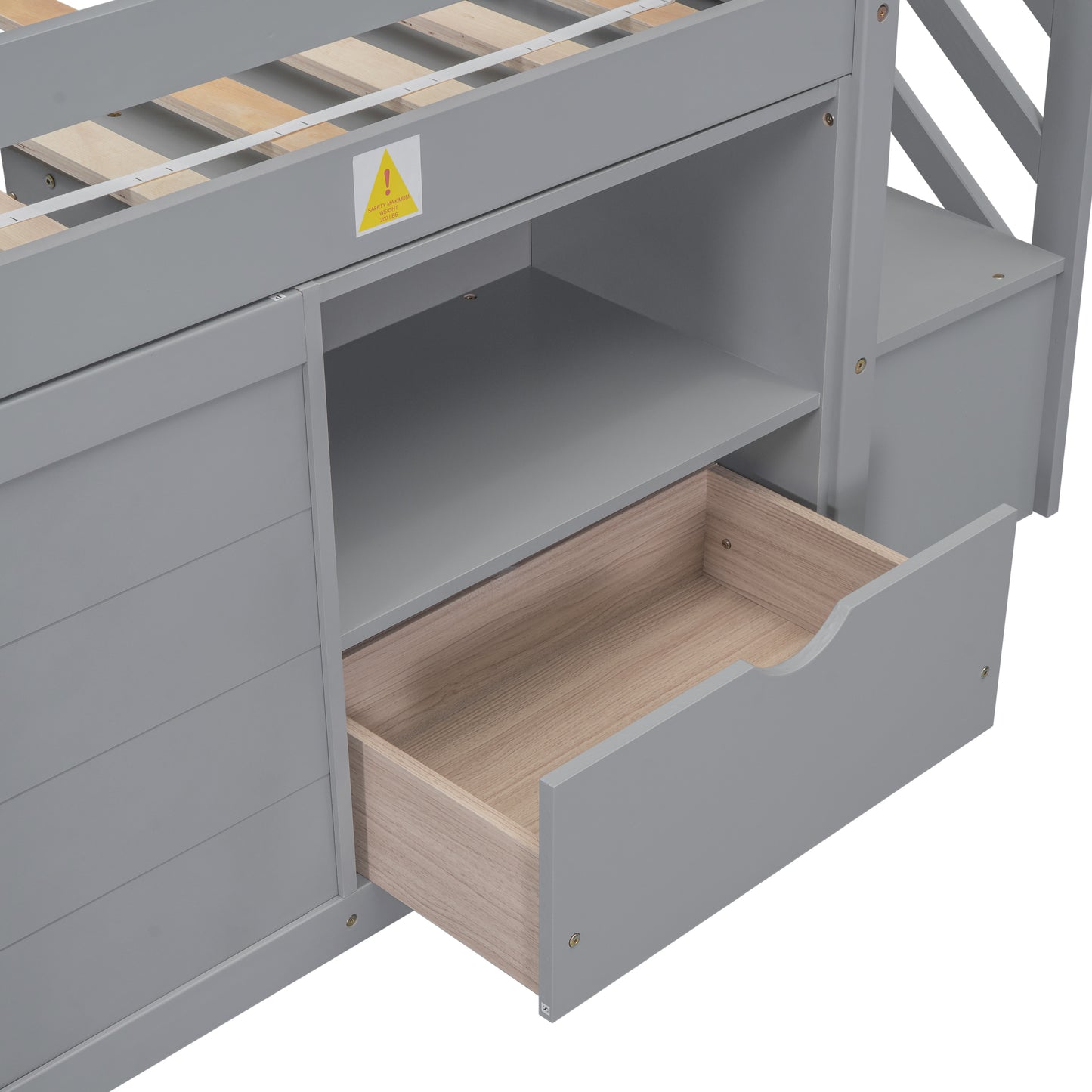 Gray Solid Wood Twin Low Loft Bed with Storage Staircase and Shelving Unit