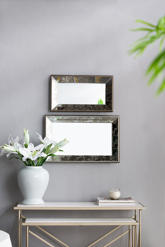 Vintage Floral Accented 20" x 12" Silver Mirror with Decorative Tray and Wall Hanging Design
