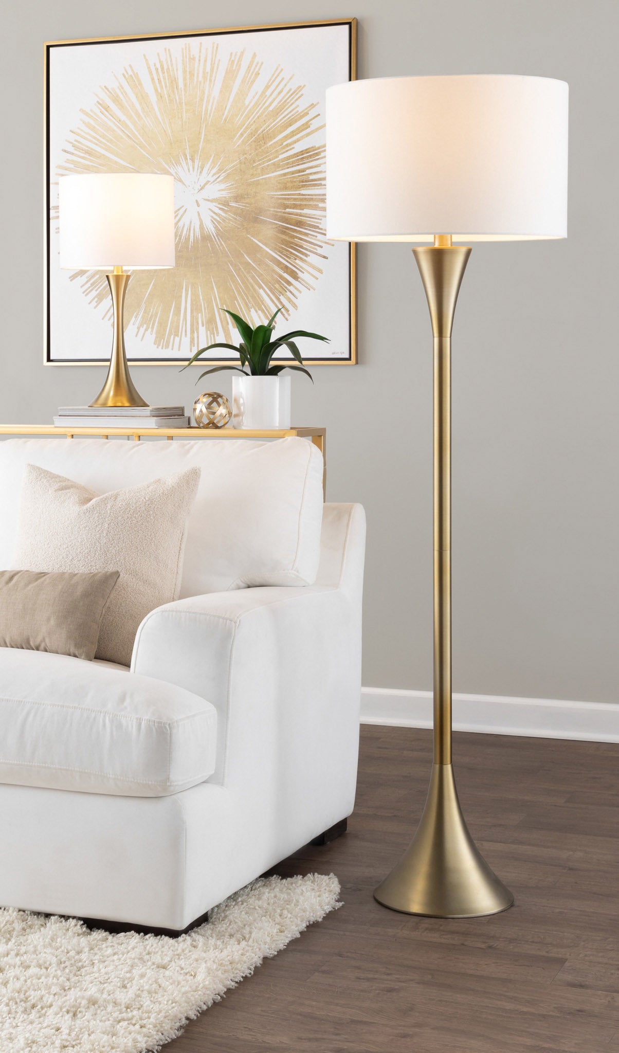 65-Inch Contemporary Metal Floor Lamp with White Linen Shade, Base, 3-Way Socket, UL Listed, Gold Finish
