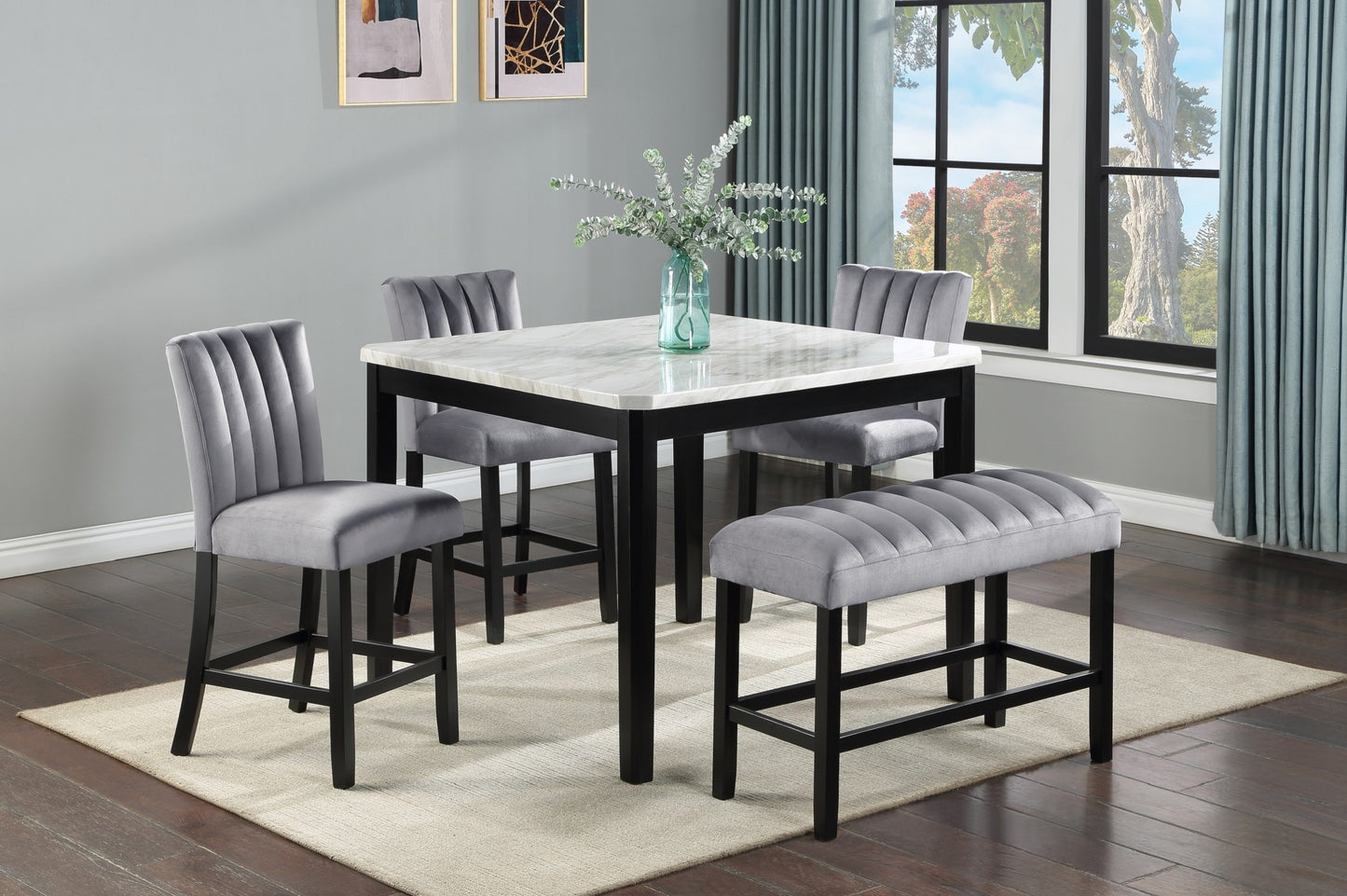 Counterheight Table Faux Marble Top Wood Base 48in Black