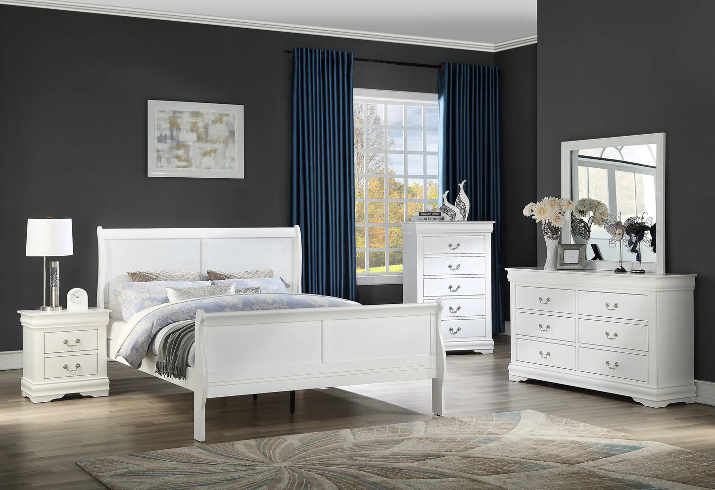 Louis Phillipe Elegant White Queen Sleigh Bed with Solid Wood Construction