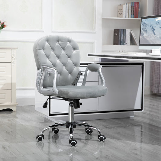 Elegant Gray Velvet Adjustable Office Chair with Swivel Wheels and Padded Armrests