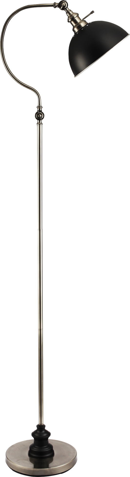 Arched Floor Lamp, Adjustable Head, Weighted Base, Black Shade, LED Compatible, 69-Inch Tall Satin Nickel