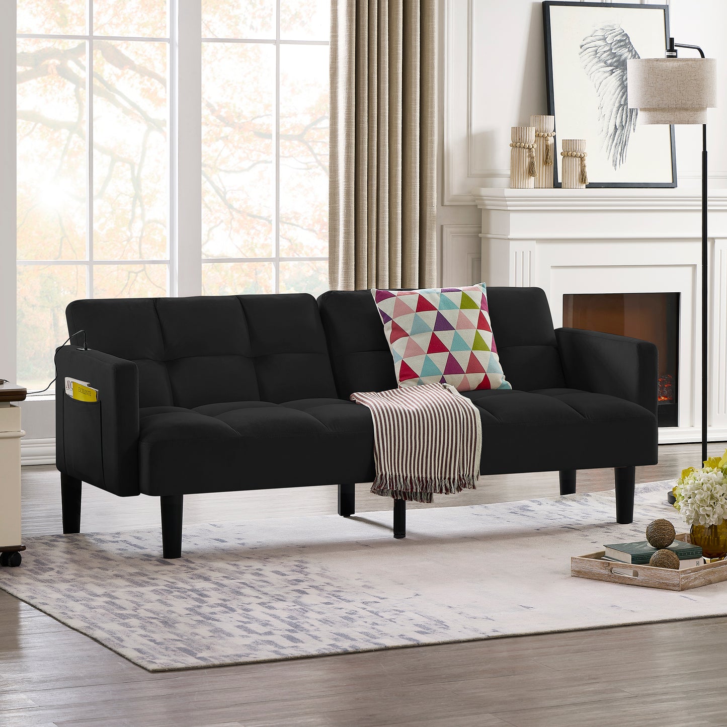 Velvet Convertible Futon Sofa Bed with Adjustable Back, 3-Seater, 69x41, Wood Frame, Apartment Black