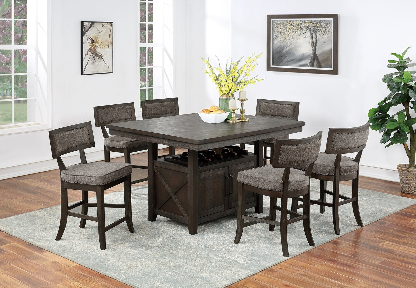 Kitchen Dining Room Chairs Solid wood & Veneer 2pcs High Chair Set Cushion Curved Seat back Rustic Espresso Counter Height Chairs