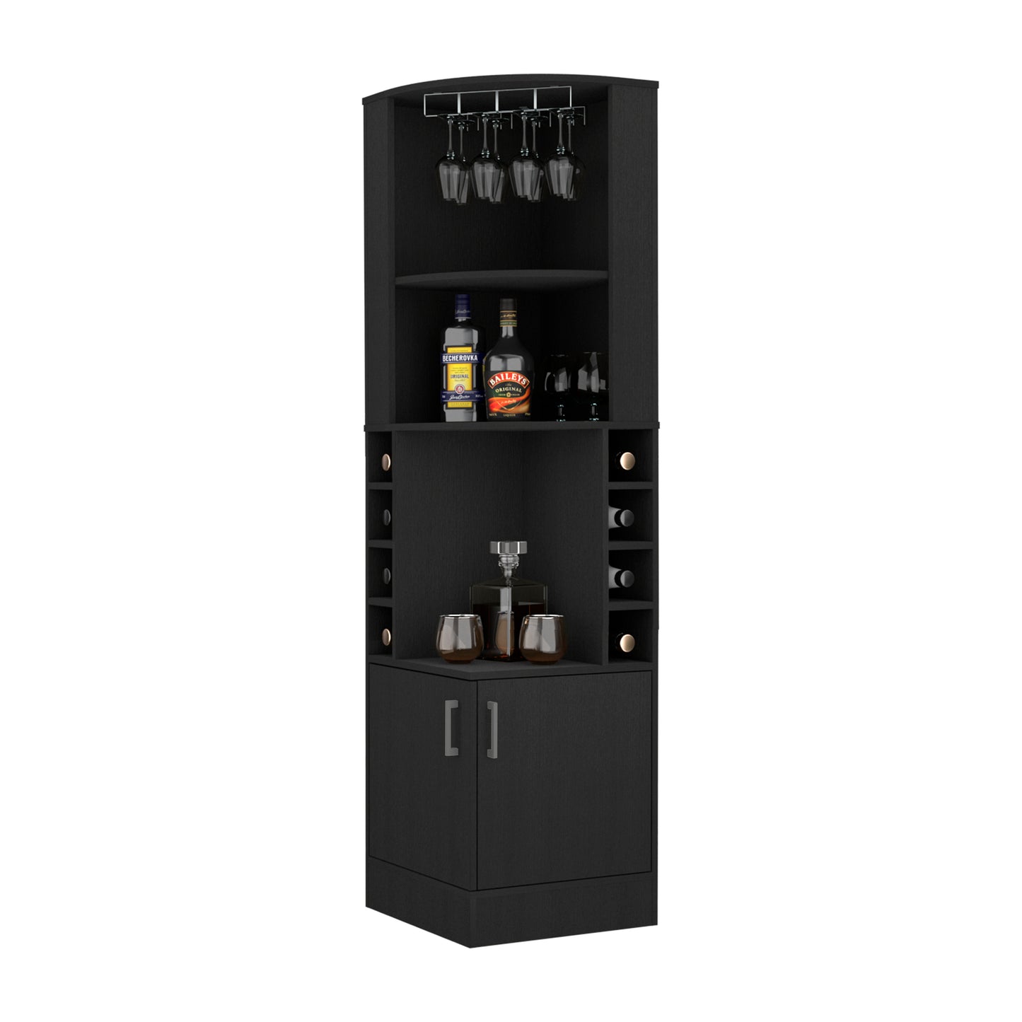 Bar Cabinet with Eight Bottle Cubbies and Two Large Open Shelves, Pine & Melamine, 18.4-Inch Wide, Black