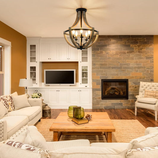 5-Light Farmhouse Pendant Chandelier for Dining Room & Kitchen Island Height Adjustable 19 in Brown