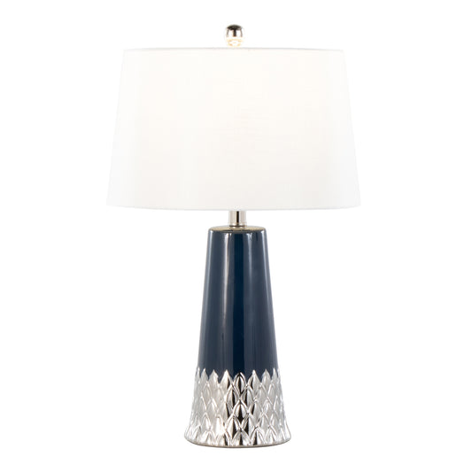 22-Inch Contemporary Ceramic Table Lamp with White Shade, Metal Accent, Indoor Use - Dark Blue and Silver