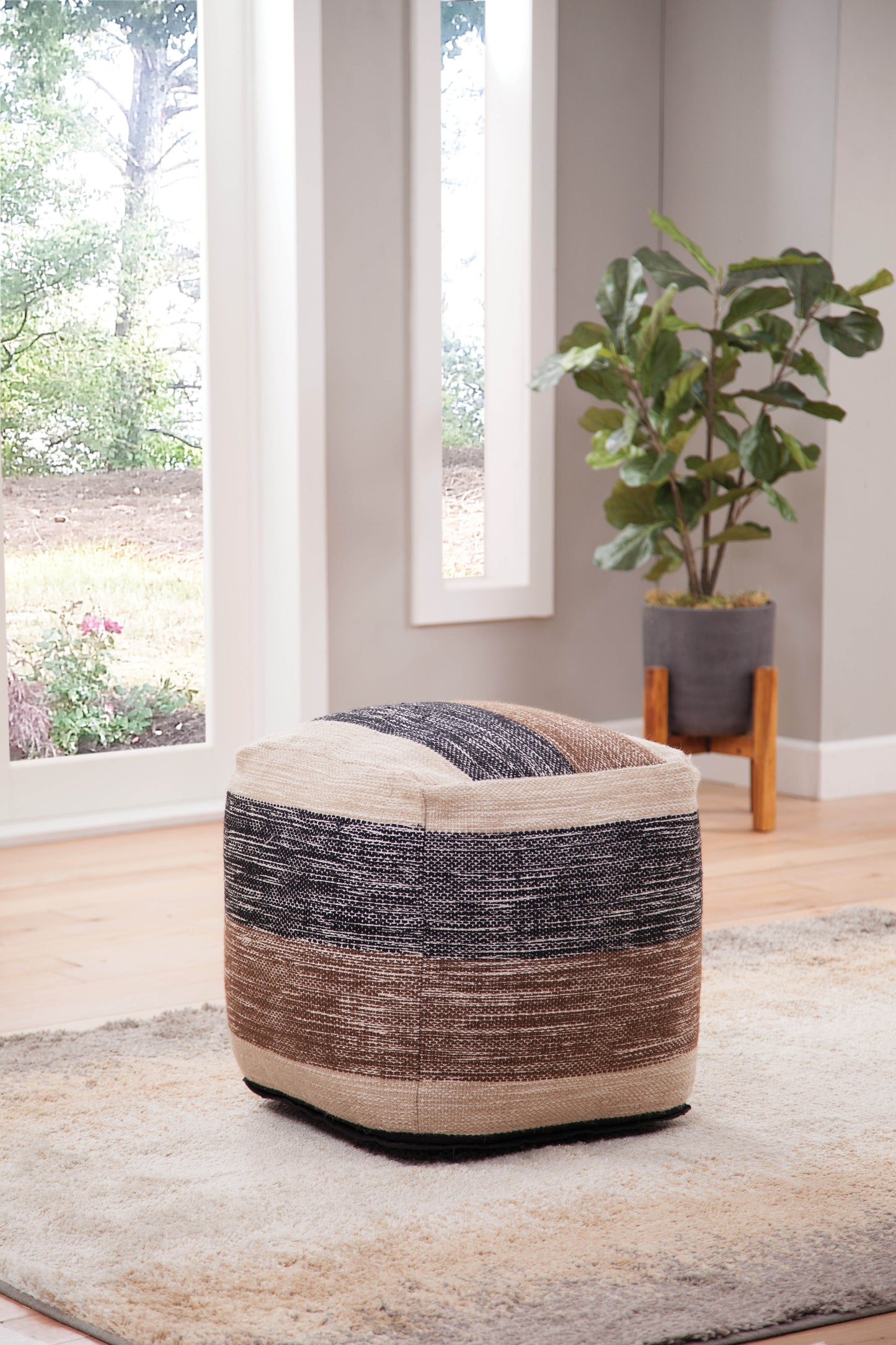 Square Handwoven Wool Pouf Ottoman, 18-Inch, Cotton Shell, Bead Filling, Living Room Stool, 9 lb, Beige