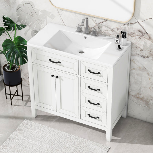 36-Inch White Freestanding Bathroom Vanity with Ceramic Sink and Storage Drawers
