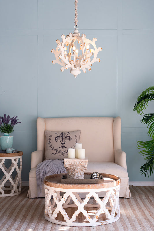 6-Light Wood Chandelier with Adjustable Chain for Kitchen and Dining - Bulbs Not Included Weathered White