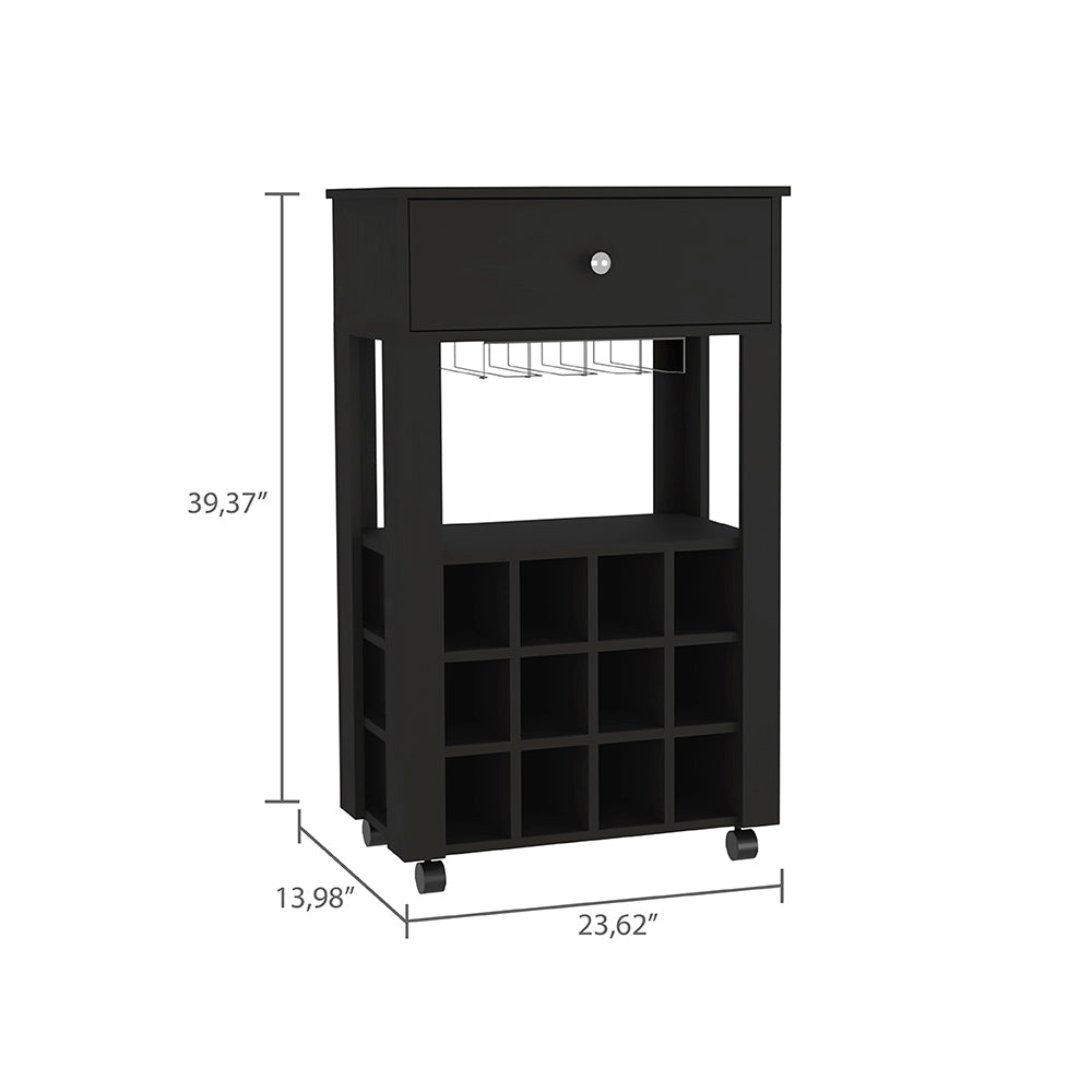 Modern Black Wengue Bar Cart With Twelve Wine Cubbies