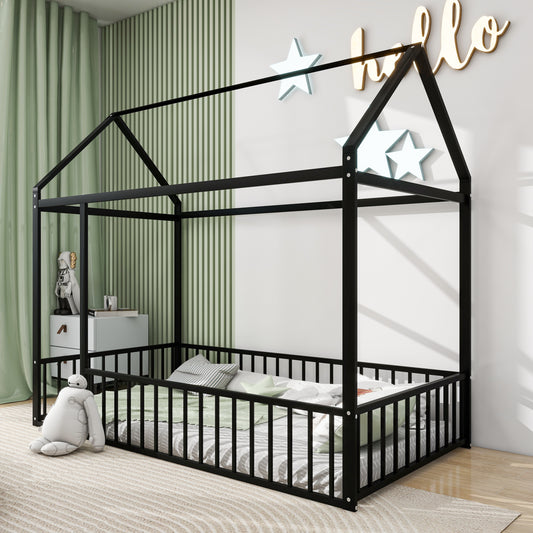 Twin Size Black Metal House Bed Frame with Playful Roof and Fence for Kids and Teens