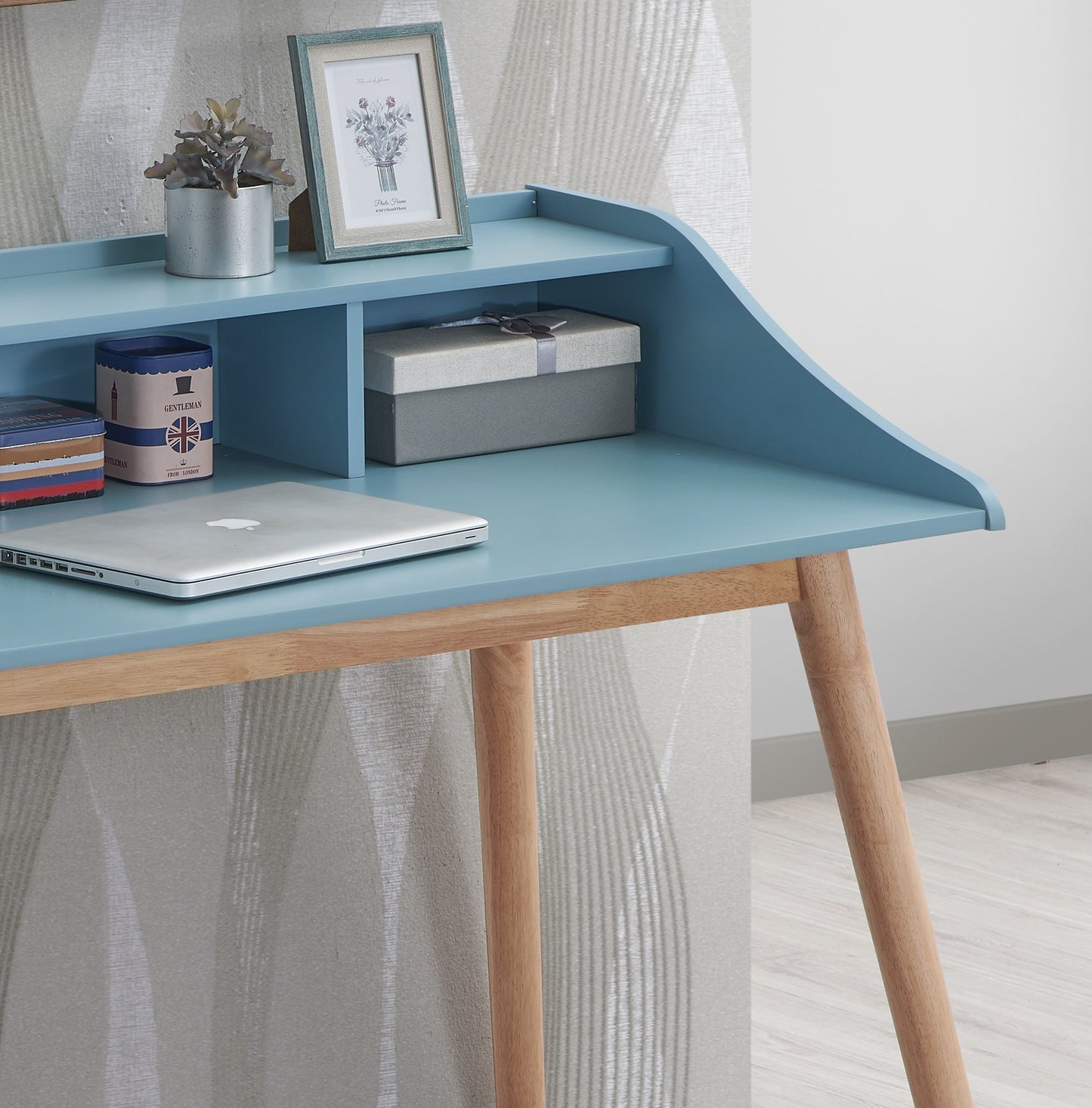 Roskilde Retro-Style Blue Writing Desk with Hutch and Open Shelves