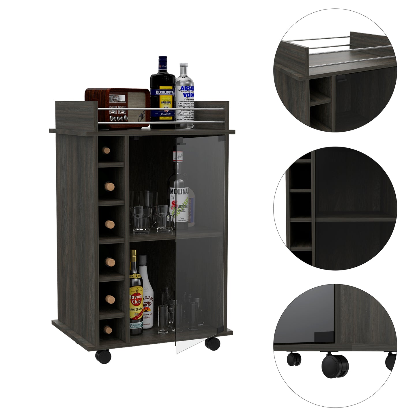 Espresso Bar Cart With Glass Door Cabinet Locking Casters