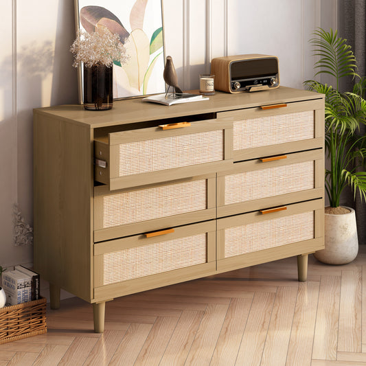 Stylish 6-Drawer Rattan Storage Dresser for Bedroom and Living Room