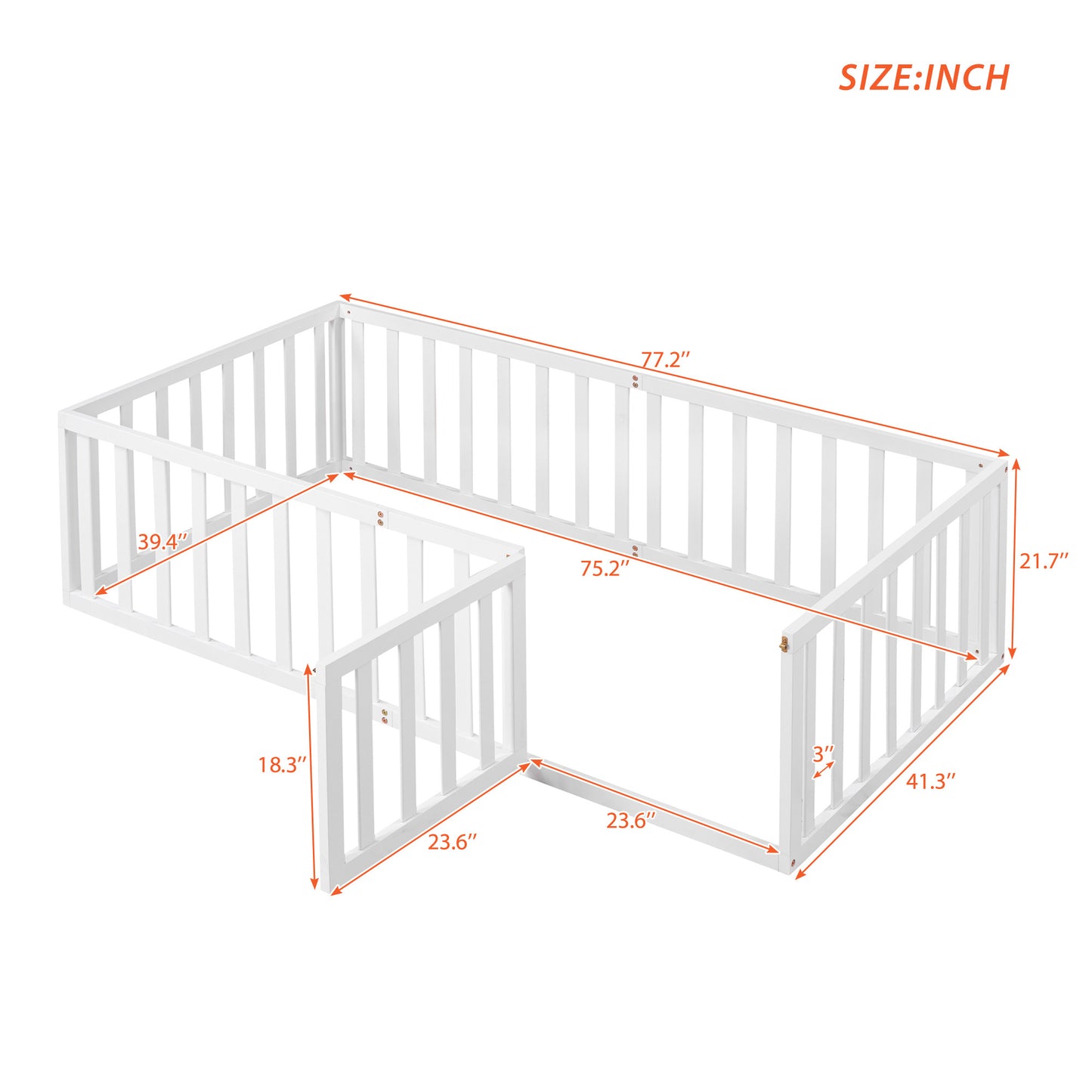 Playful Twin Wooden Floor Bed Frame for Kids with Fence and Door, White