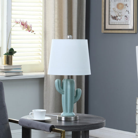22-Inch Southwest Ceramic Cactus Table Lamp with Silver Base Cotton-Linen Shade, E26 Socket, 60W Max Teal