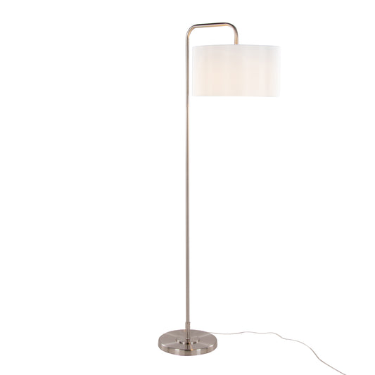 63-Inch Contemporary Metal Floor Lamp with Linen Shade Arc Neck, Foot Switch, Living Room, Brushed Nickel