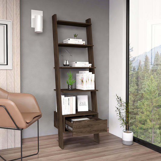 Dark Walnut Ladder Shelf with One Drawer and Five Spacious Open Shelves