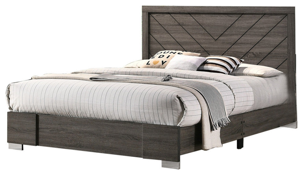 Stylish Grey Wooden Queen Bed with Unique Headboard Design