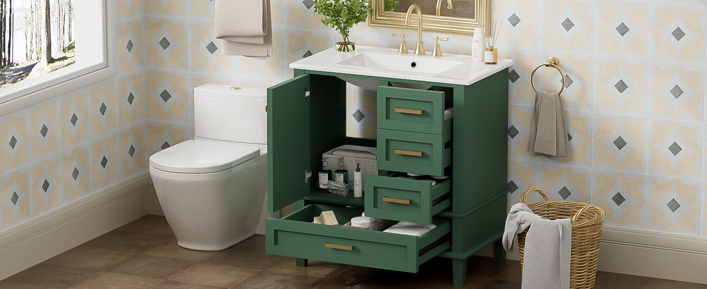 30" Stylish Green Bathroom Vanity with Soft-Close Doors and Sink Combo, Modern Cabinet Featuring 3 Spacious Drawers and Solid Wood Frame