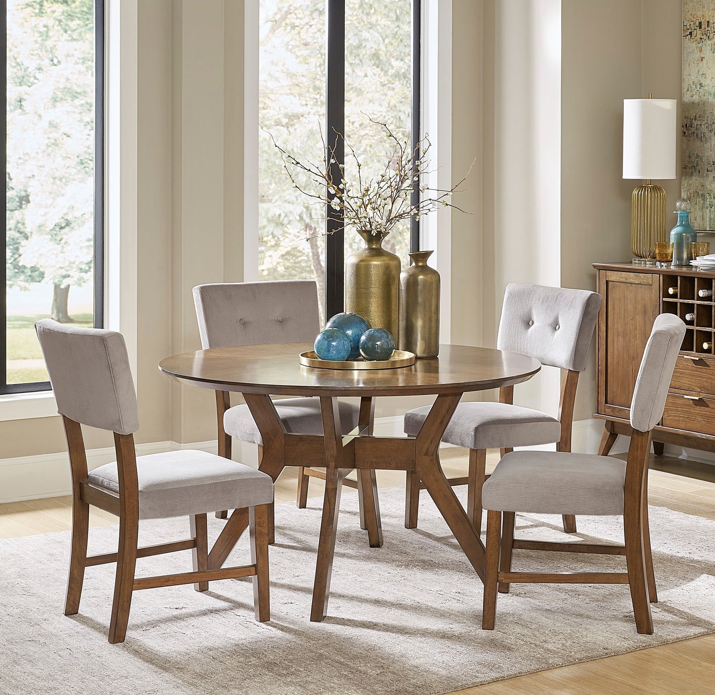 Set of 2 Mid-Century Modern Dining Chairs, Gray Upholstery, Wood Frame, 38 in, Light Oak Finish