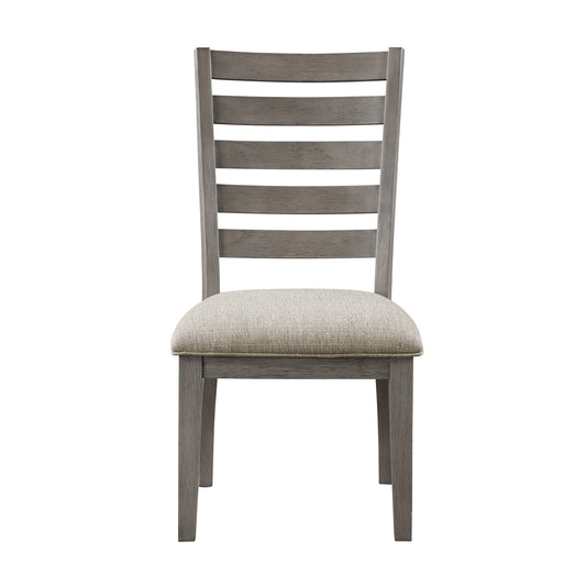 Set of 2 ladder-back dining chairs, wood frame, beige upholstery, 20W seat, 250-lb capacity, Gray finish