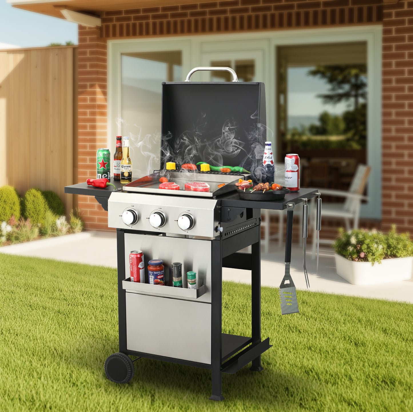 3-Burner Propane Gas Grill With Plancha, 36900 BTU, Stainless Grids, Barbecue, Foldable Side Table Black And Silver