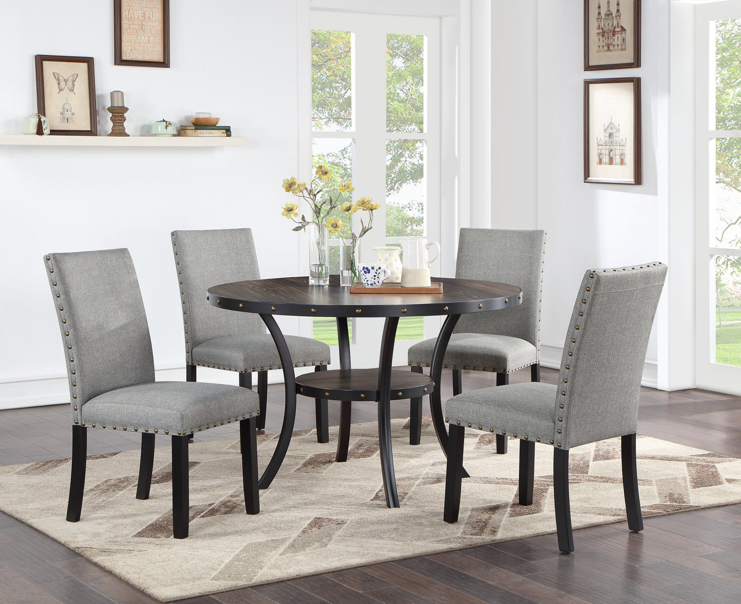 Round Dining Table With Nailhead Trim And Storage Natural