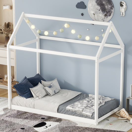White Twin Size Pine Wood House Bed for Kids