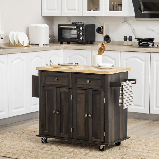 Modern Brown Oak Rolling Kitchen Island Cart with Spice Rack and Adjustable Shelves