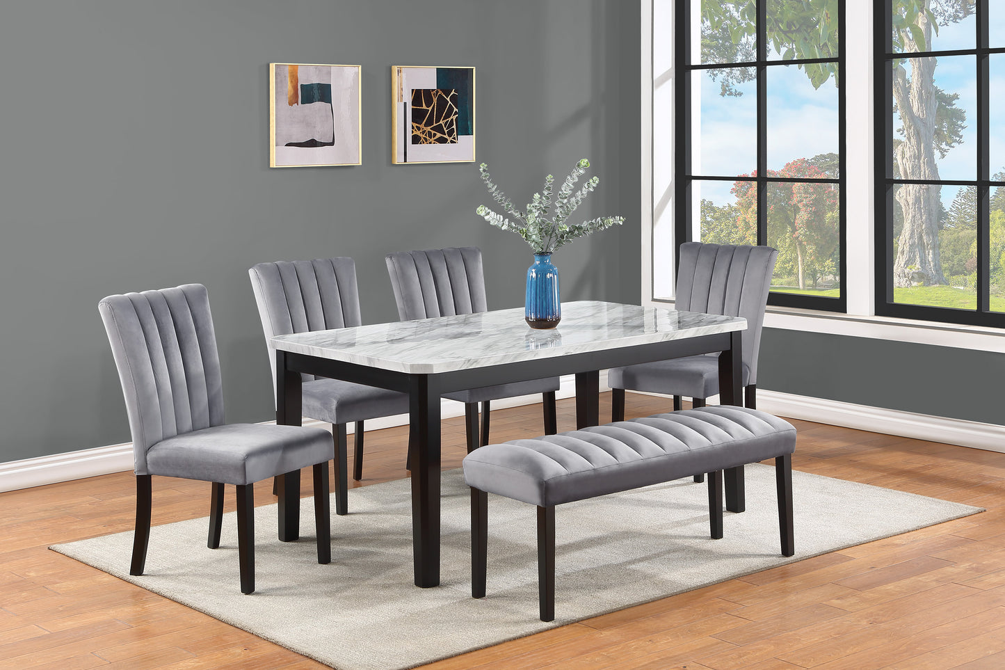 1pc Transitional Dining Rectangular Table Faux White Marble Table Top Black Base Wooden Stone Dining Room Furniture