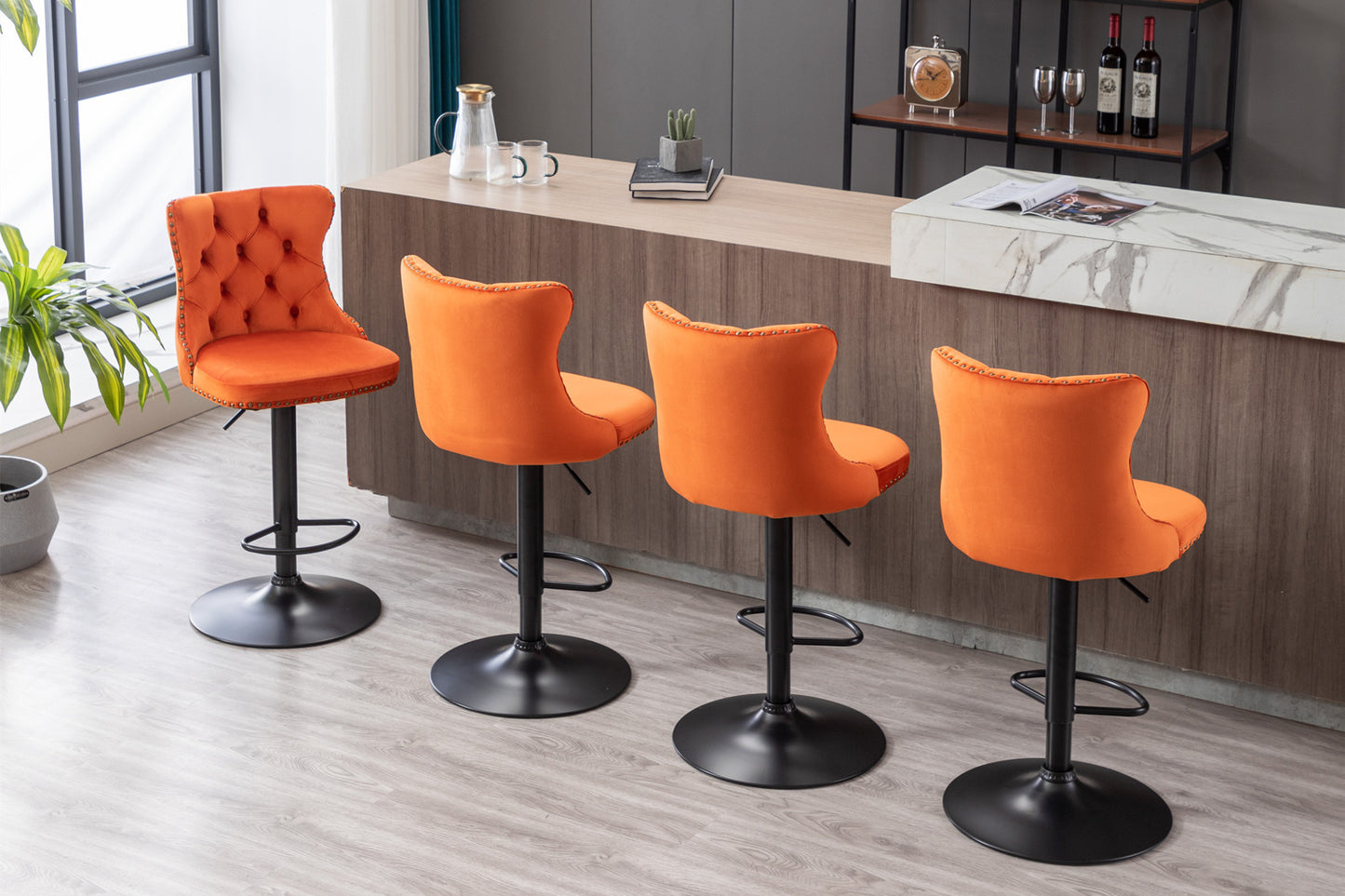 Orange Velvet Swivel Bar Stools Two Pack Adjustable 25 33