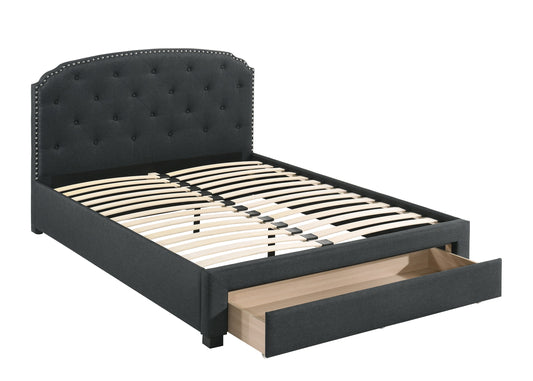 Charcoal Burlap Twin Storage Bedframe with Button Tufted Headboard and Underbed Drawer