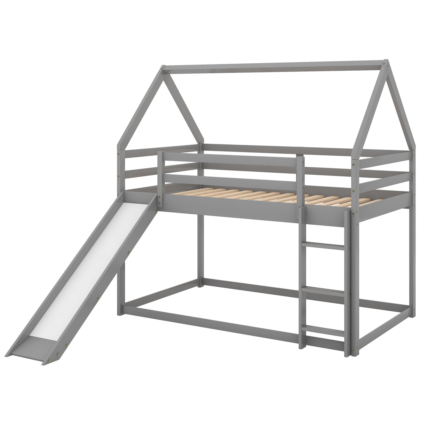 Gray Twin Bunk House Bed with Slide and Ladder for Kids