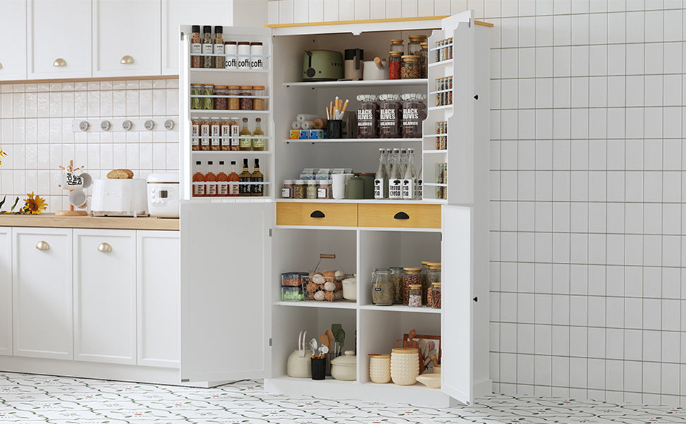 Elegant White Freestanding Kitchen Pantry with Adjustable Shelves and Built-in Drawers - 40.2x20x71.3 inches